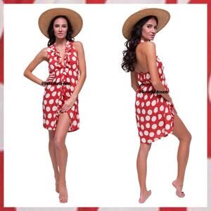 Luli Fama Macarena Red & White Polkadot V Neck Dress SZ L $159